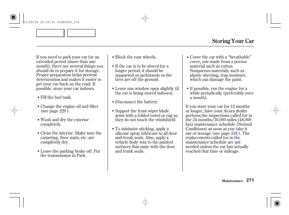 Storing your car | Acura 2002 RL - Owner's Manual User Manual | Page 274 / 343