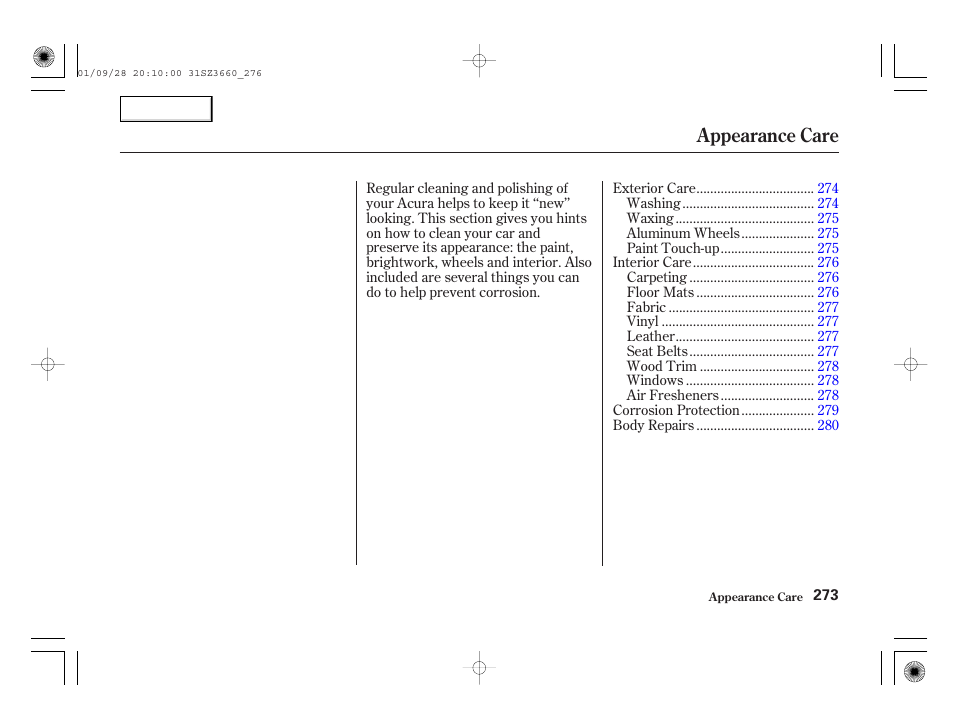 Appearance care | Acura 2002 RL - Owner's Manual User Manual | Page 276 / 343