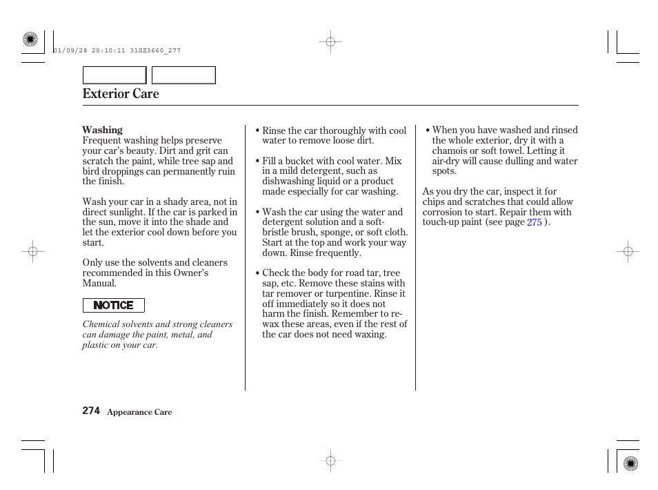 Exterior care | Acura 2002 RL - Owner's Manual User Manual | Page 277 / 343