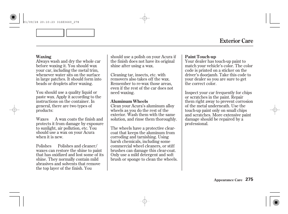 Exterior care | Acura 2002 RL - Owner's Manual User Manual | Page 278 / 343