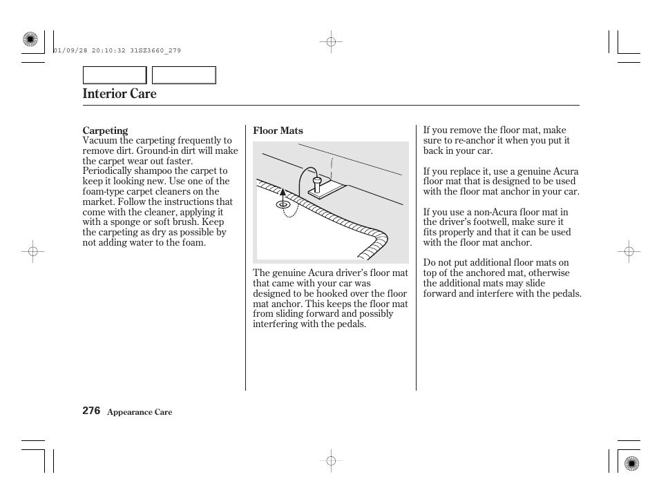 Interior care | Acura 2002 RL - Owner's Manual User Manual | Page 279 / 343