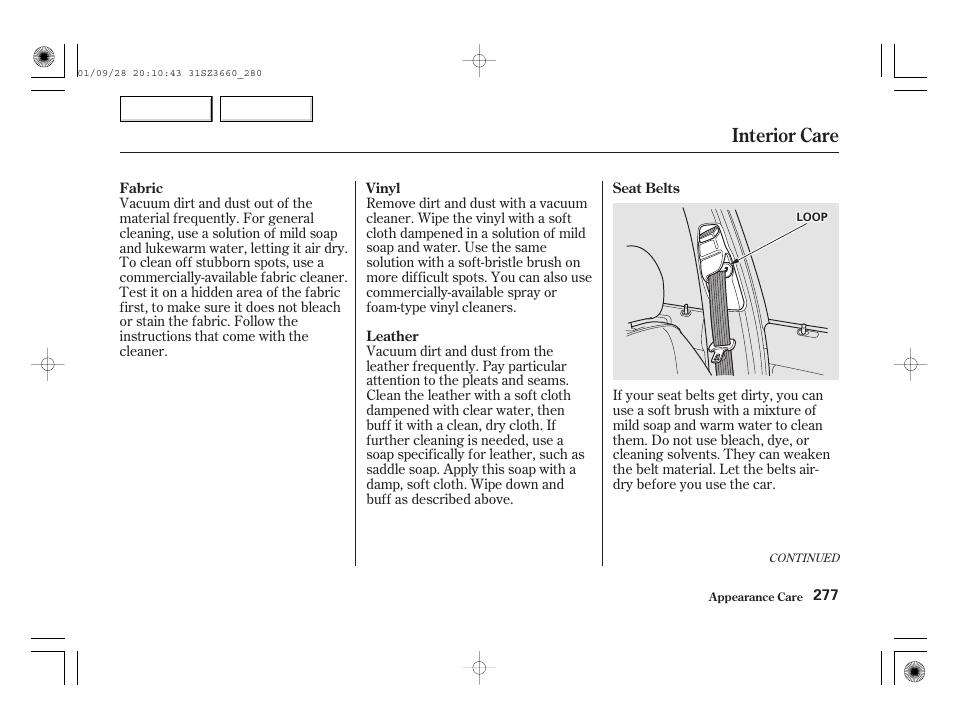 Interior care | Acura 2002 RL - Owner's Manual User Manual | Page 280 / 343