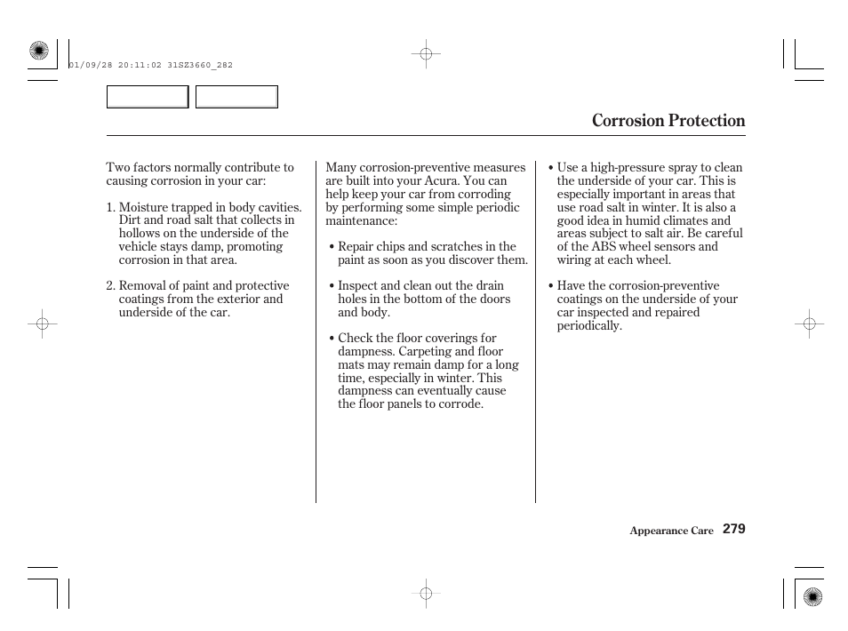 Corrosion protection | Acura 2002 RL - Owner's Manual User Manual | Page 282 / 343