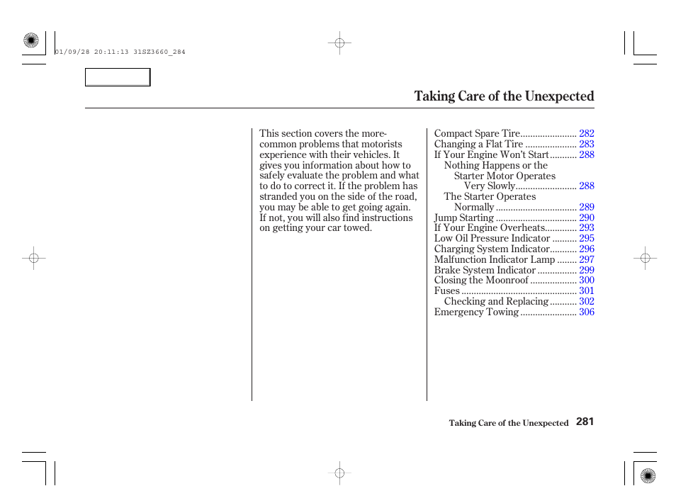 Taking care of the unexpected | Acura 2002 RL - Owner's Manual User Manual | Page 284 / 343