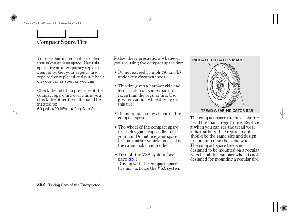 Compact spare tire | Acura 2002 RL - Owner's Manual User Manual | Page 285 / 343