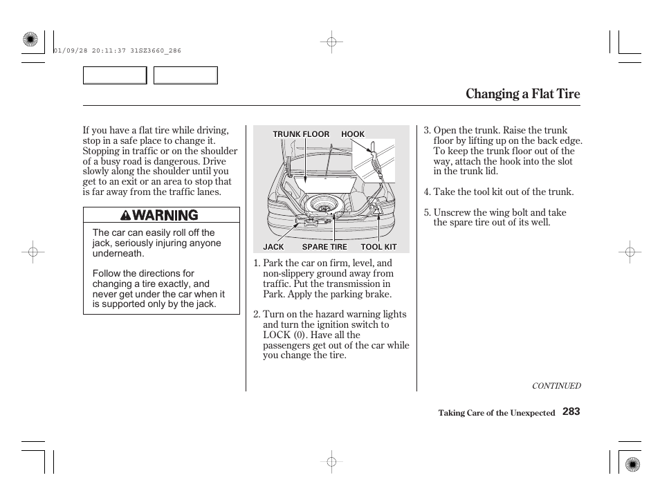 Changing a flat tire | Acura 2002 RL - Owner's Manual User Manual | Page 286 / 343