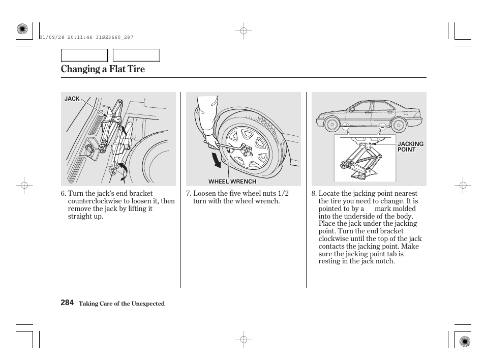 Changing a flat tire | Acura 2002 RL - Owner's Manual User Manual | Page 287 / 343