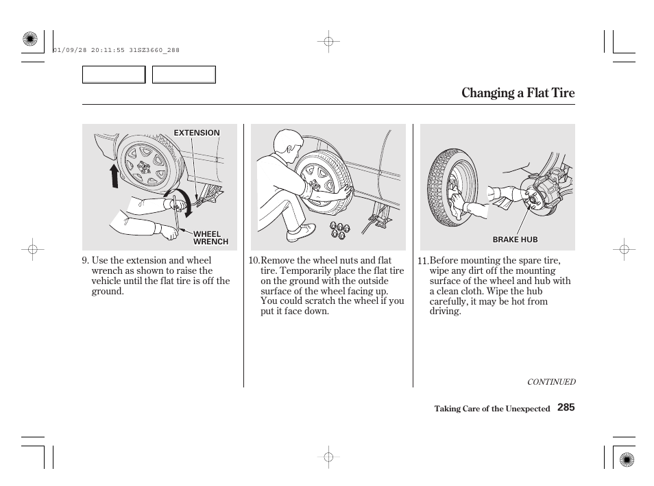 Changing a flat tire | Acura 2002 RL - Owner's Manual User Manual | Page 288 / 343