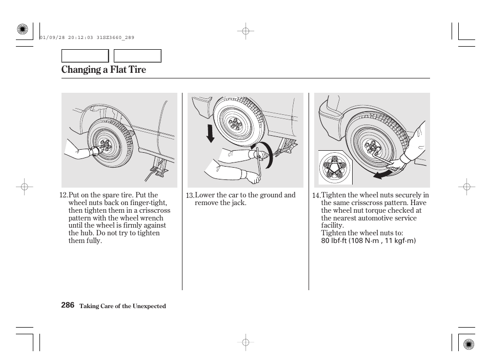 Changing a flat tire | Acura 2002 RL - Owner's Manual User Manual | Page 289 / 343