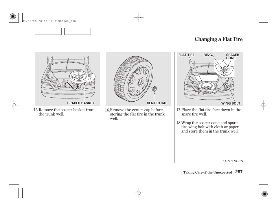 Changing a flat tire | Acura 2002 RL - Owner's Manual User Manual | Page 290 / 343