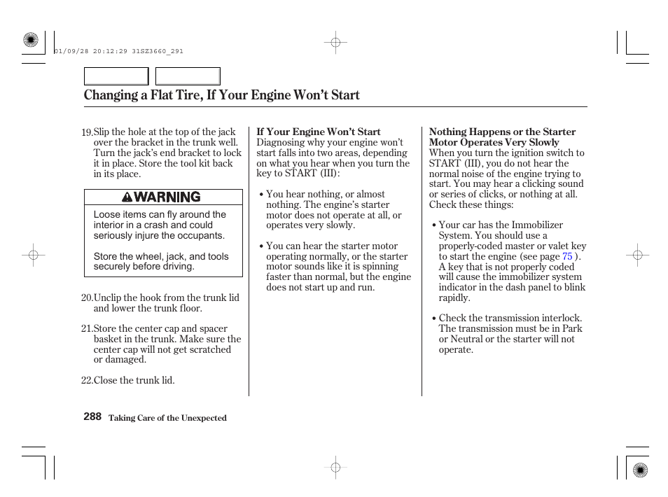 Changing a flat tire, if your engine won’t start | Acura 2002 RL - Owner's Manual User Manual | Page 291 / 343