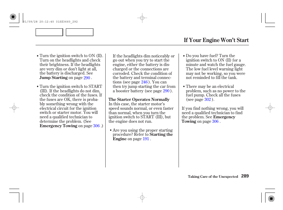 If your engine won’t start | Acura 2002 RL - Owner's Manual User Manual | Page 292 / 343