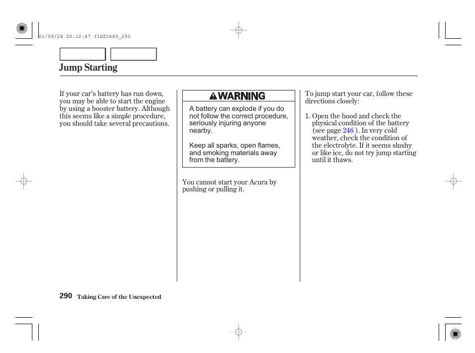 Jump starting | Acura 2002 RL - Owner's Manual User Manual | Page 293 / 343