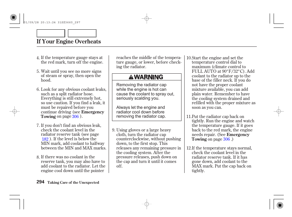 If your engine overheats | Acura 2002 RL - Owner's Manual User Manual | Page 297 / 343