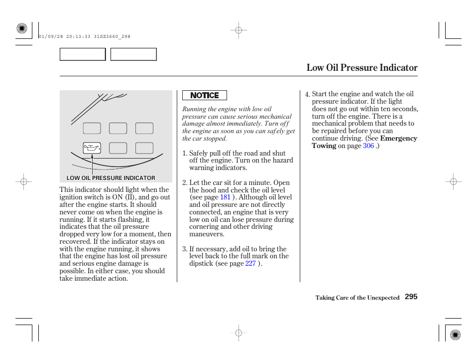 Low oil pressure indicator | Acura 2002 RL - Owner's Manual User Manual | Page 298 / 343