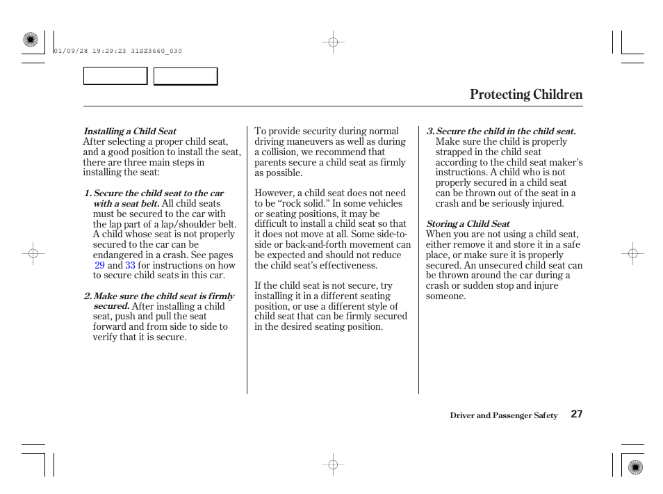 Protecting children | Acura 2002 RL - Owner's Manual User Manual | Page 30 / 343