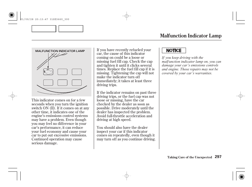 Malfunction indicator lamp | Acura 2002 RL - Owner's Manual User Manual | Page 300 / 343