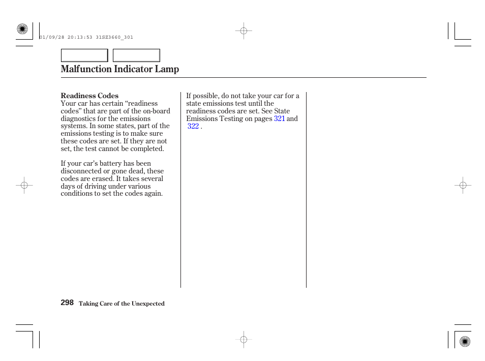 Malfunction indicator lamp | Acura 2002 RL - Owner's Manual User Manual | Page 301 / 343