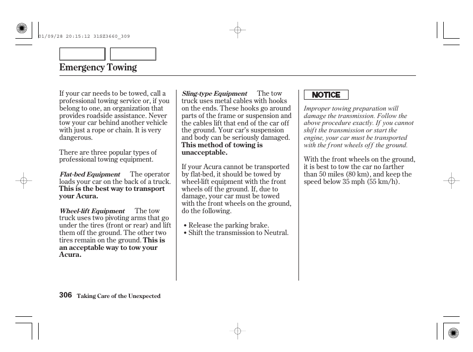 Emergency towing | Acura 2002 RL - Owner's Manual User Manual | Page 309 / 343