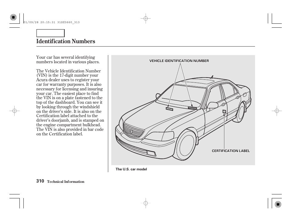 Identification numbers | Acura 2002 RL - Owner's Manual User Manual | Page 313 / 343