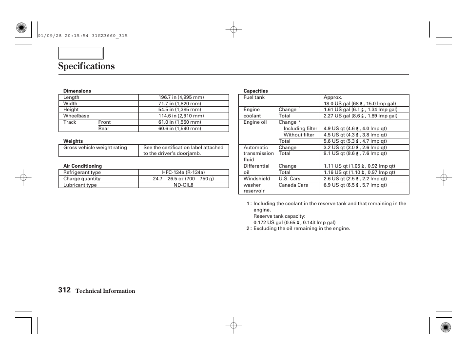 Specifications | Acura 2002 RL - Owner's Manual User Manual | Page 315 / 343