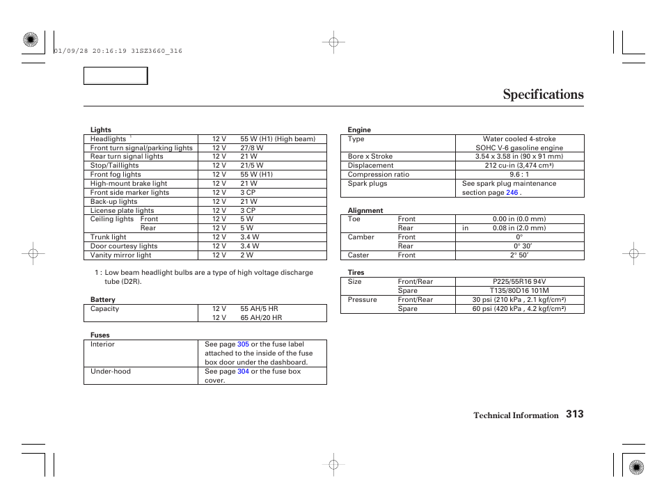 Specifications | Acura 2002 RL - Owner's Manual User Manual | Page 316 / 343