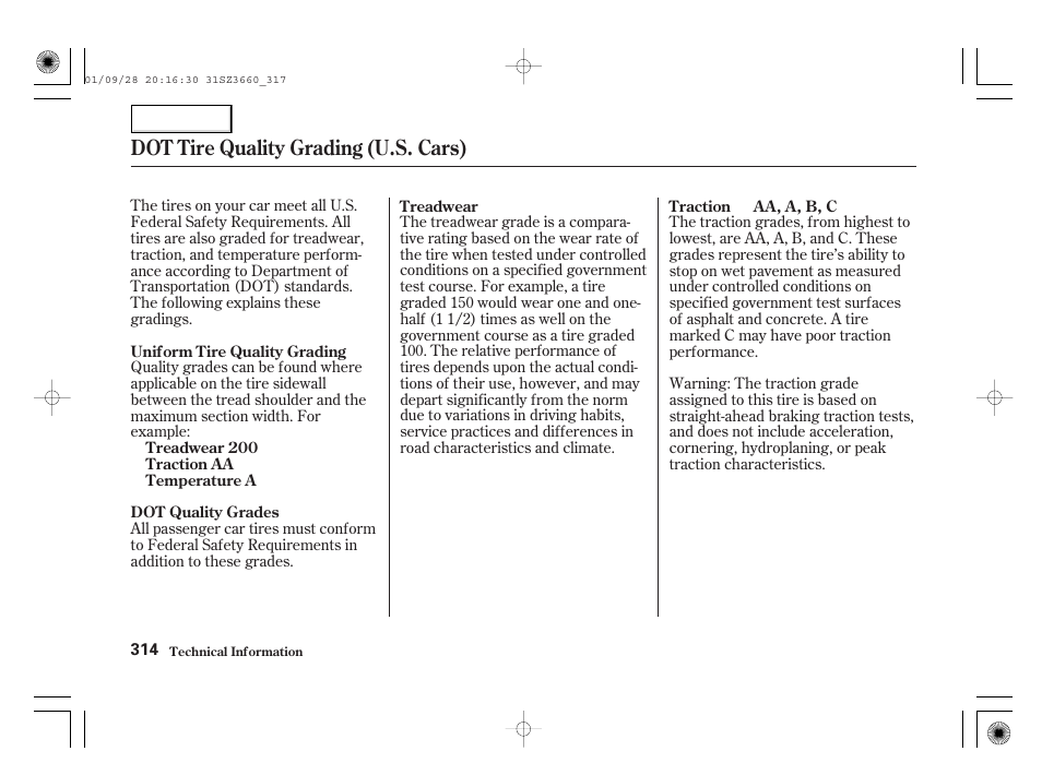 Dot tire quality grading (u.s. cars) | Acura 2002 RL - Owner's Manual User Manual | Page 317 / 343