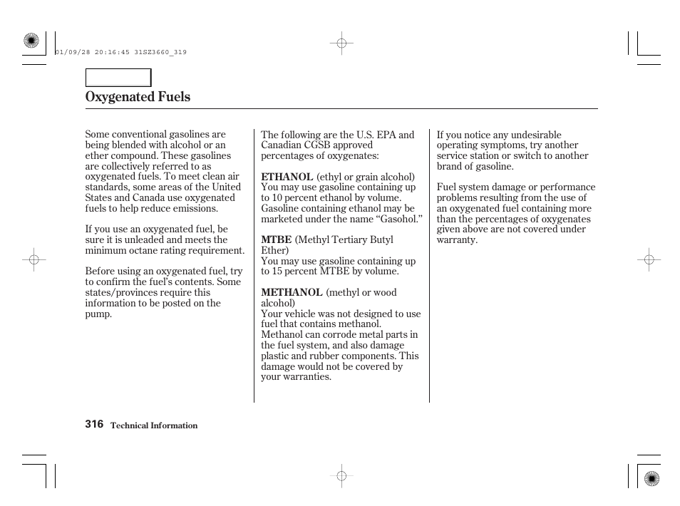 Oxygenated fuels | Acura 2002 RL - Owner's Manual User Manual | Page 319 / 343