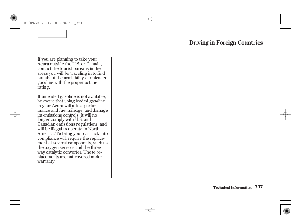 Driving in foreign countries | Acura 2002 RL - Owner's Manual User Manual | Page 320 / 343