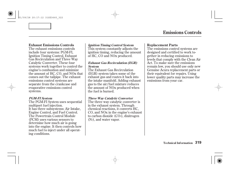 Emissions controls | Acura 2002 RL - Owner's Manual User Manual | Page 322 / 343