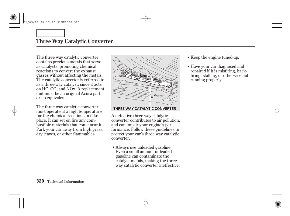 Three way catalytic converter | Acura 2002 RL - Owner's Manual User Manual | Page 323 / 343