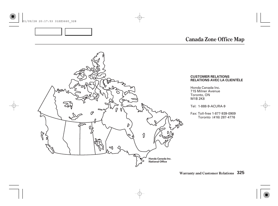 Canada zone office map | Acura 2002 RL - Owner's Manual User Manual | Page 328 / 343