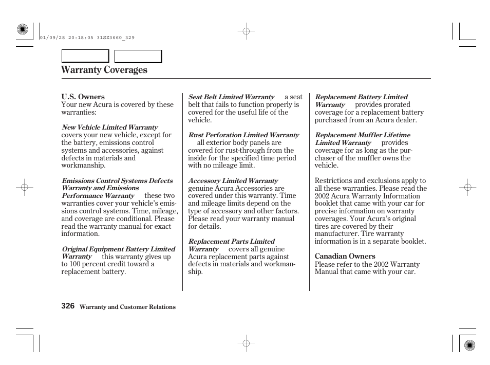 Warranty coverages | Acura 2002 RL - Owner's Manual User Manual | Page 329 / 343