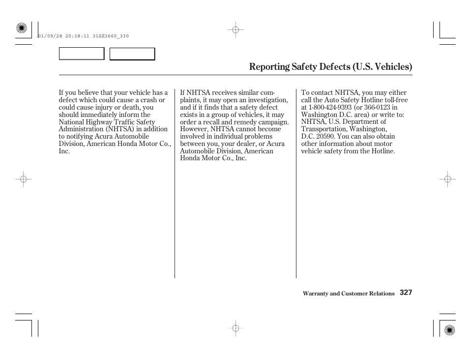 Reporting safety defects (u.s. vehicles) | Acura 2002 RL - Owner's Manual User Manual | Page 330 / 343