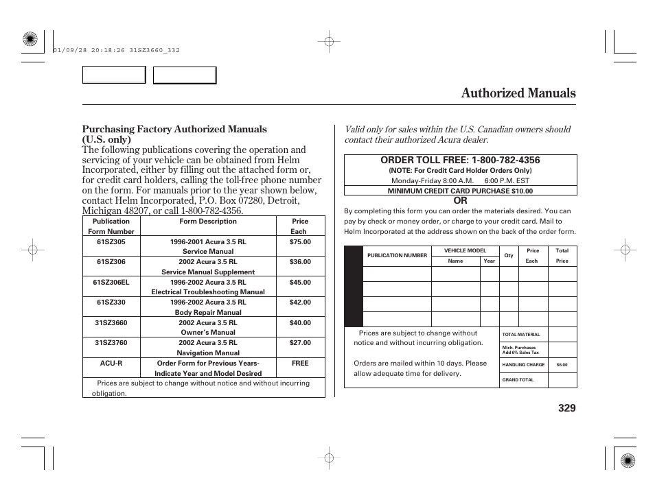 Authorized manuals, Purchasing factory authorized manuals (u.s. only) | Acura 2002 RL - Owner's Manual User Manual | Page 332 / 343