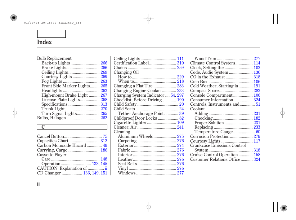 Index | Acura 2002 RL - Owner's Manual User Manual | Page 335 / 343