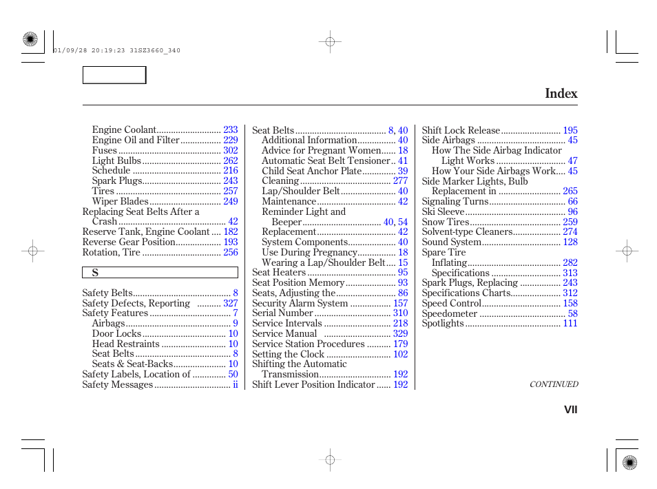 Index | Acura 2002 RL - Owner's Manual User Manual | Page 340 / 343