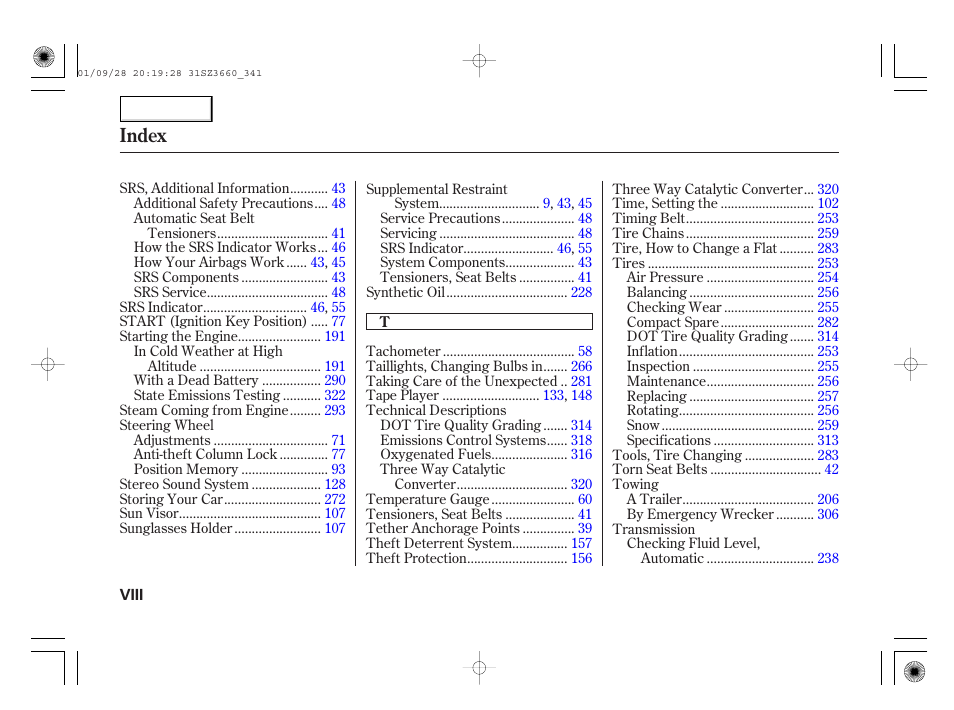 Index | Acura 2002 RL - Owner's Manual User Manual | Page 341 / 343