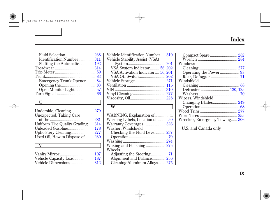 Index | Acura 2002 RL - Owner's Manual User Manual | Page 342 / 343