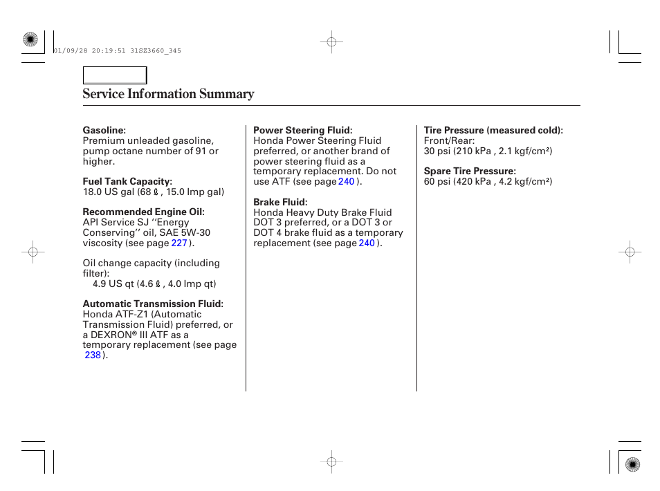 Service information summary | Acura 2002 RL - Owner's Manual User Manual | Page 343 / 343