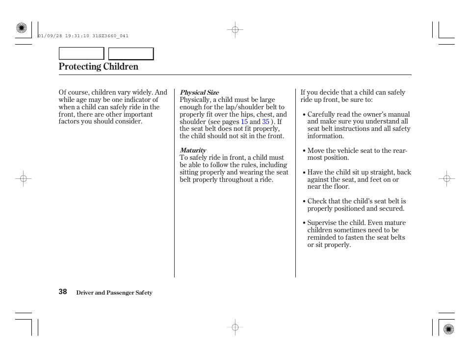 Protecting children | Acura 2002 RL - Owner's Manual User Manual | Page 41 / 343