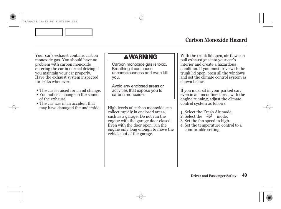 Carbon monoxide hazard | Acura 2002 RL - Owner's Manual User Manual | Page 52 / 343