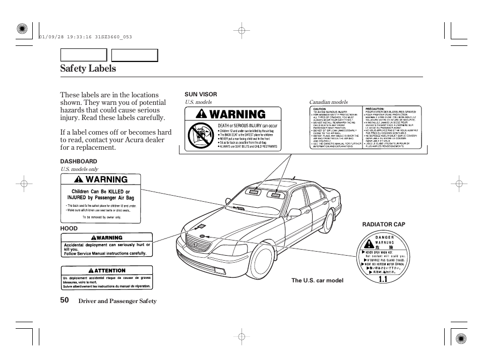 Safety labels | Acura 2002 RL - Owner's Manual User Manual | Page 53 / 343