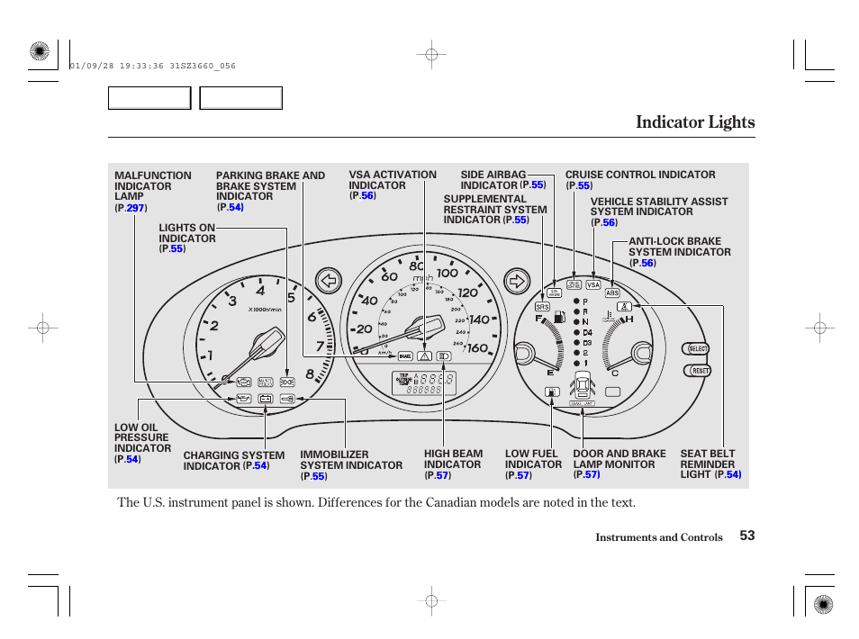 Indicator lights | Acura 2002 RL - Owner's Manual User Manual | Page 56 / 343