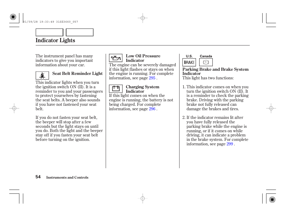 Indicator lights | Acura 2002 RL - Owner's Manual User Manual | Page 57 / 343