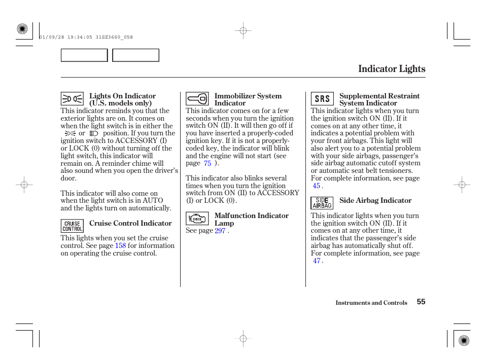 Indicator lights | Acura 2002 RL - Owner's Manual User Manual | Page 58 / 343