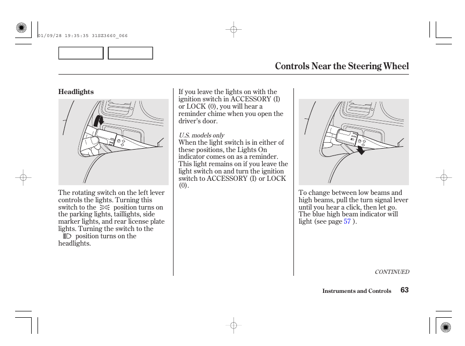 Controls near the steering wheel | Acura 2002 RL - Owner's Manual User Manual | Page 66 / 343