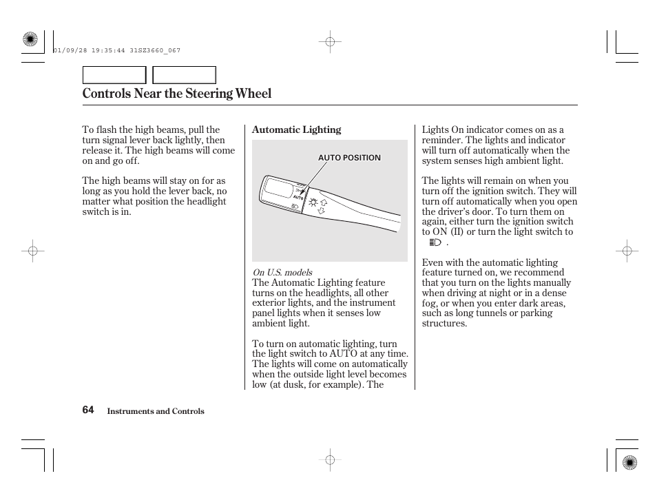 Controls near the steering wheel | Acura 2002 RL - Owner's Manual User Manual | Page 67 / 343