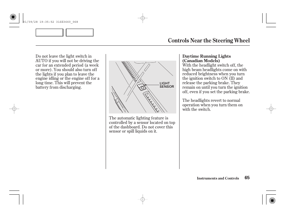 Controls near the steering wheel | Acura 2002 RL - Owner's Manual User Manual | Page 68 / 343