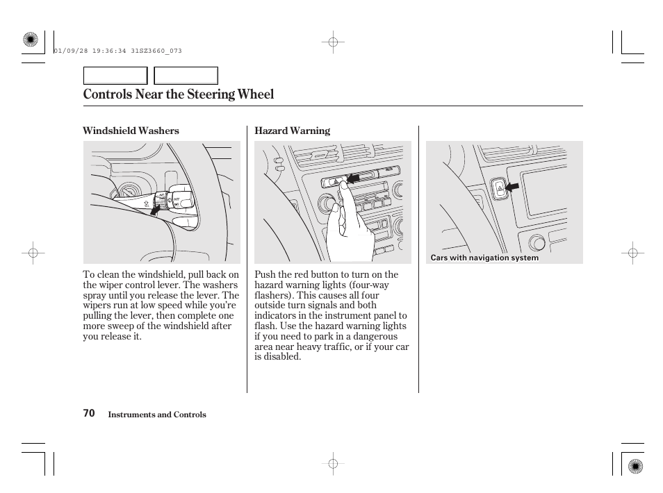 Controls near the steering wheel | Acura 2002 RL - Owner's Manual User Manual | Page 73 / 343